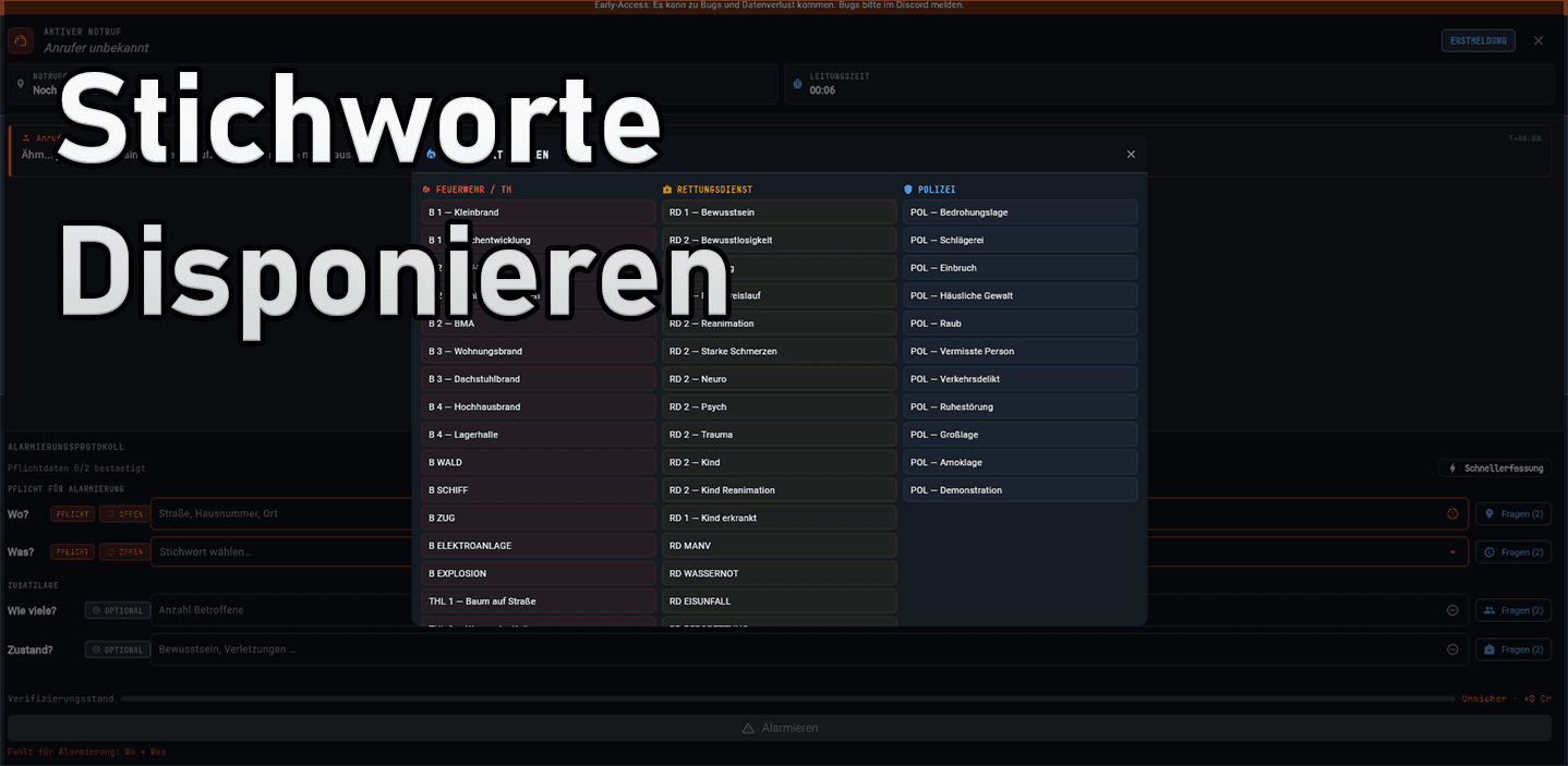 Notruf-Simulator – Stichwort wählen: Kategorien für Feuerwehr, Rettungsdienst und Polizei